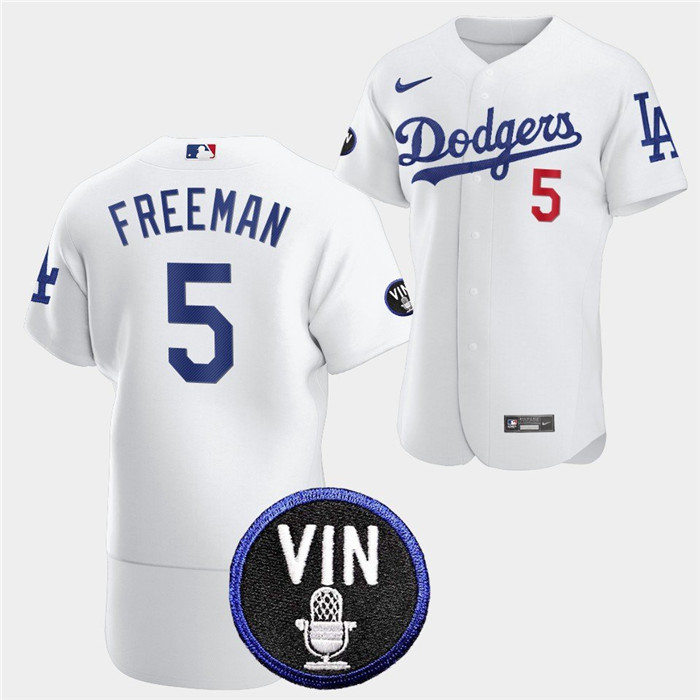 Men's Los Angeles Dodgers #5 Freddie Freeman 2022 White Vin Scully Patch Flex Base Stitched Baseball Jersey Men's Los Angeles Dodgers #5 Freddie Freeman 2022 White Vin Scully Patch Flex Base Stitched Baseball Jersey